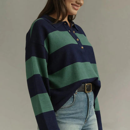 Women Long Sleeve Knit Striped Collared Sweaters Pullover