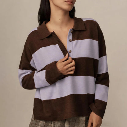 Women Long Sleeve Knit Striped Collared Sweaters Pullover