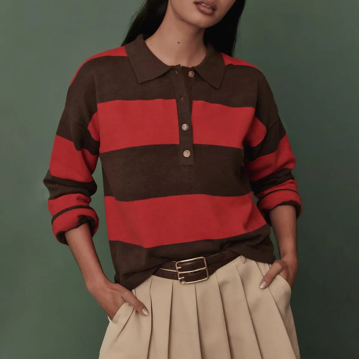 Women Long Sleeve Knit Striped Collared Sweaters Pullover