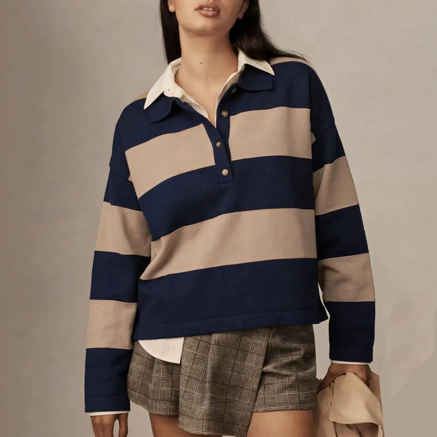 Women Long Sleeve Knit Striped Collared Sweaters Pullover