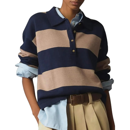 Women Long Sleeve Knit Striped Collared Sweaters Pullover