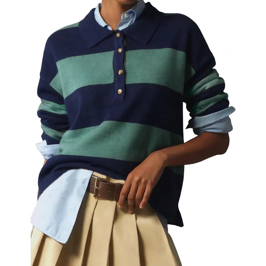 Women Color Block Stripe Lapel Collar Button Long Sleeve Knit Top