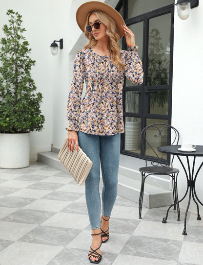 ✨Puff Long Sleeve Pleated Crew Neck Tunic Top