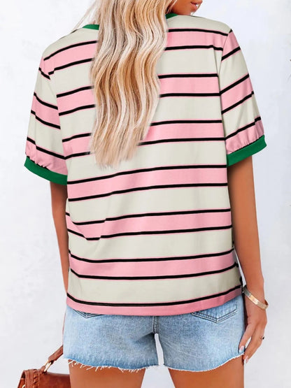 🔥HOT SALE Women's Striped Color Block Short Sleeve T-Shirts Casual Loose Basic Tee
