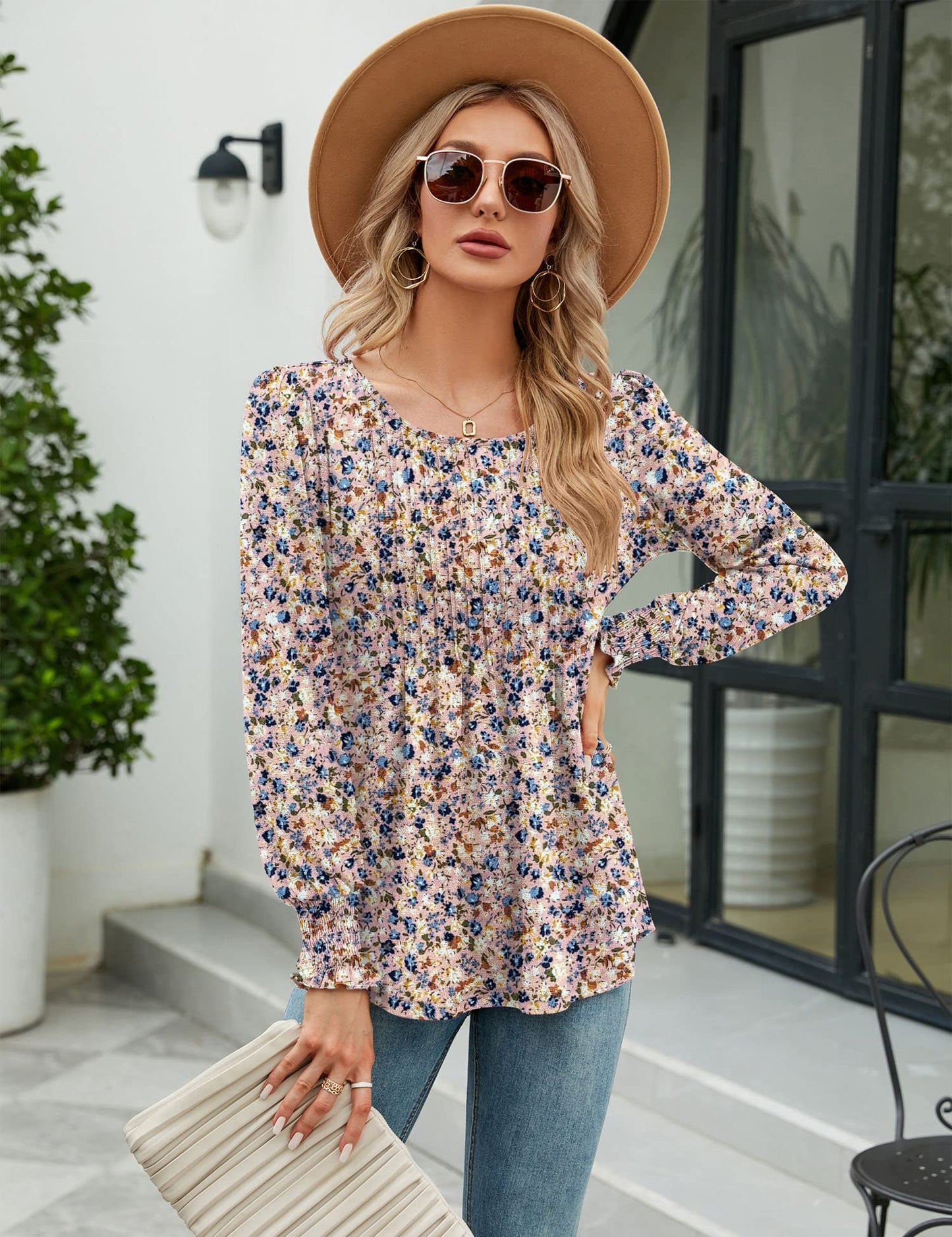 ✨Puff Long Sleeve Pleated Crew Neck Tunic Top
