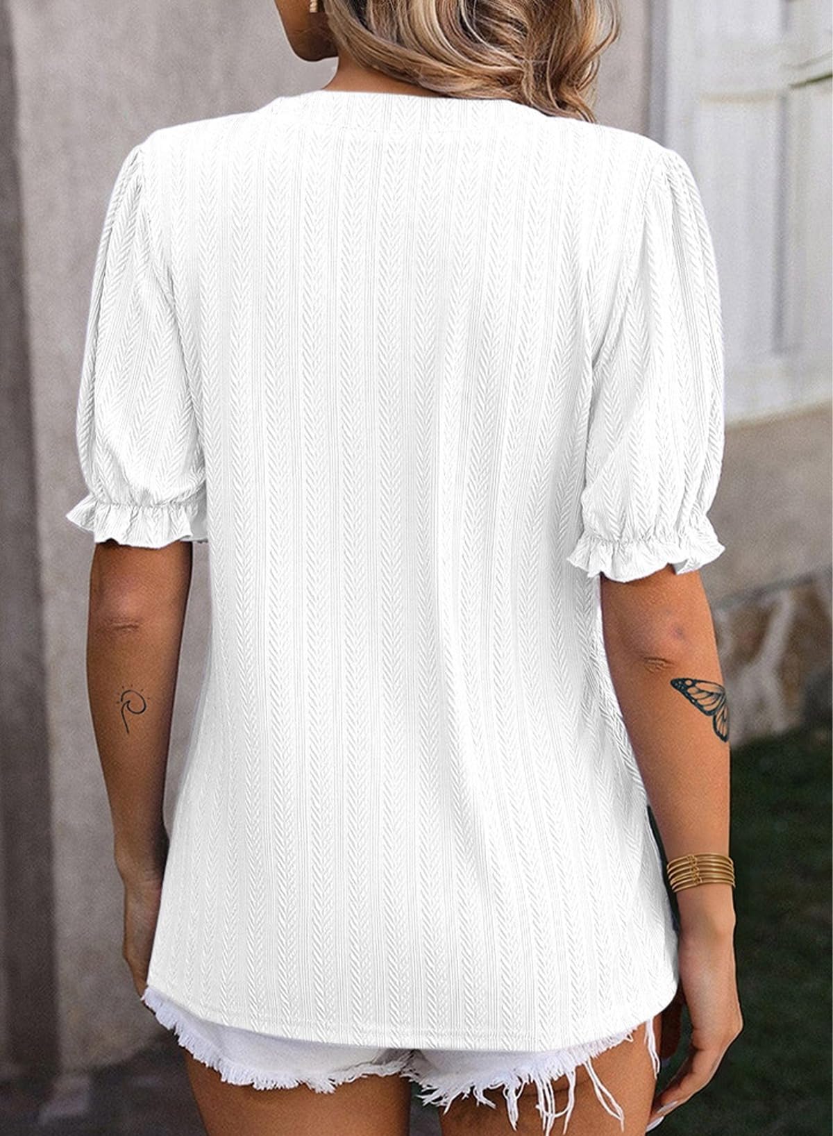 ✨Textured Puff-Sleeve V-Neck Knit Top