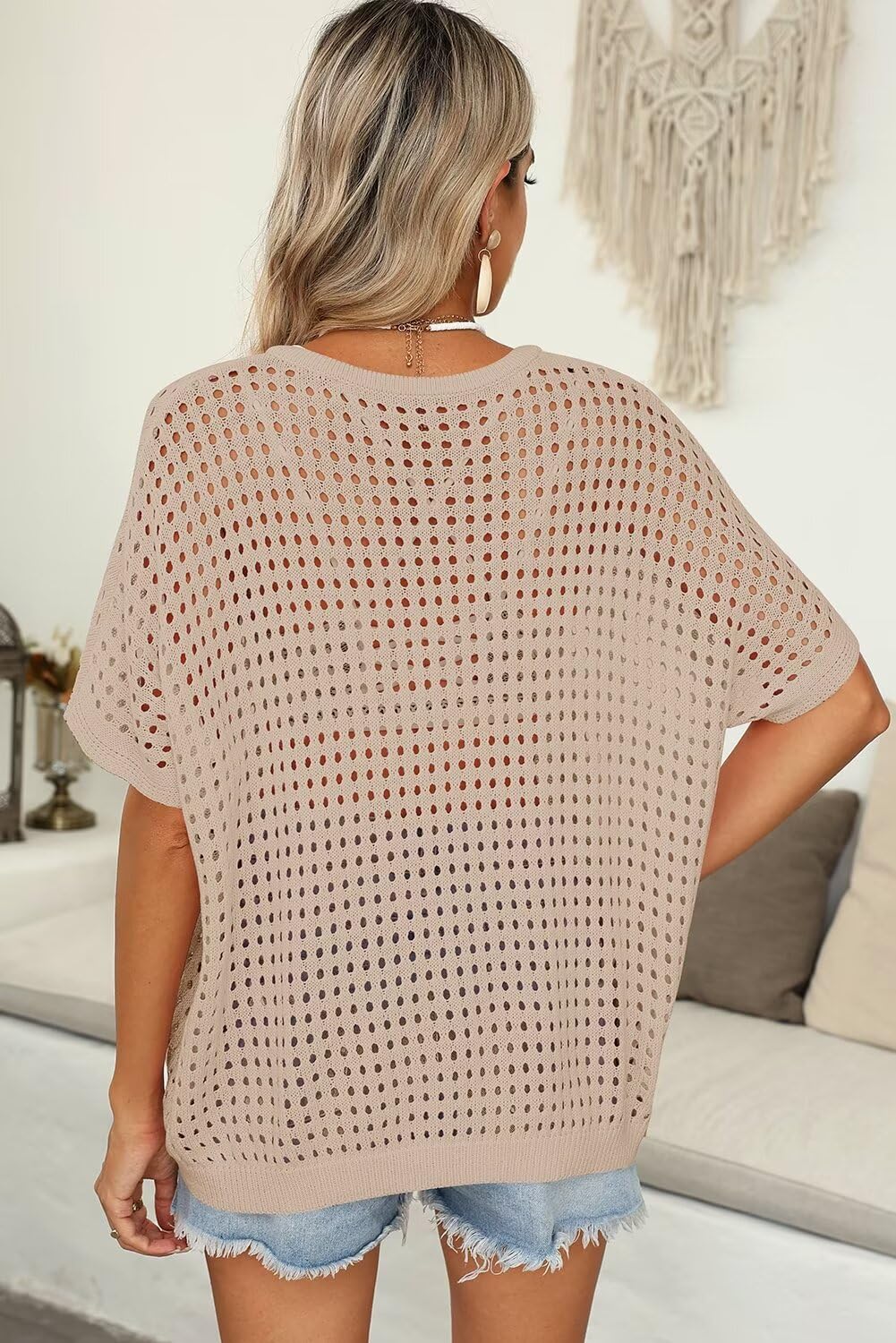 ✨Womens Summer V Neck Short Sleeve Button Down Sweater Casual Crochet Hollow Out Knit Tops Beach Coverup