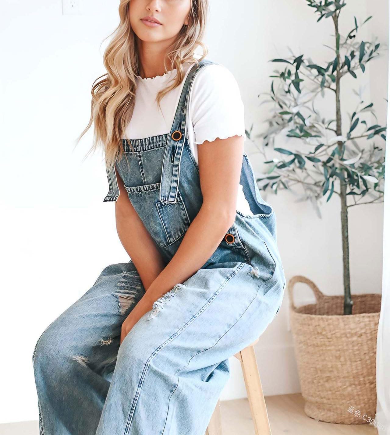 ⏰Hot Sale-Women's Cute Casual Button Jumpsuit Ripped Denim Overalls