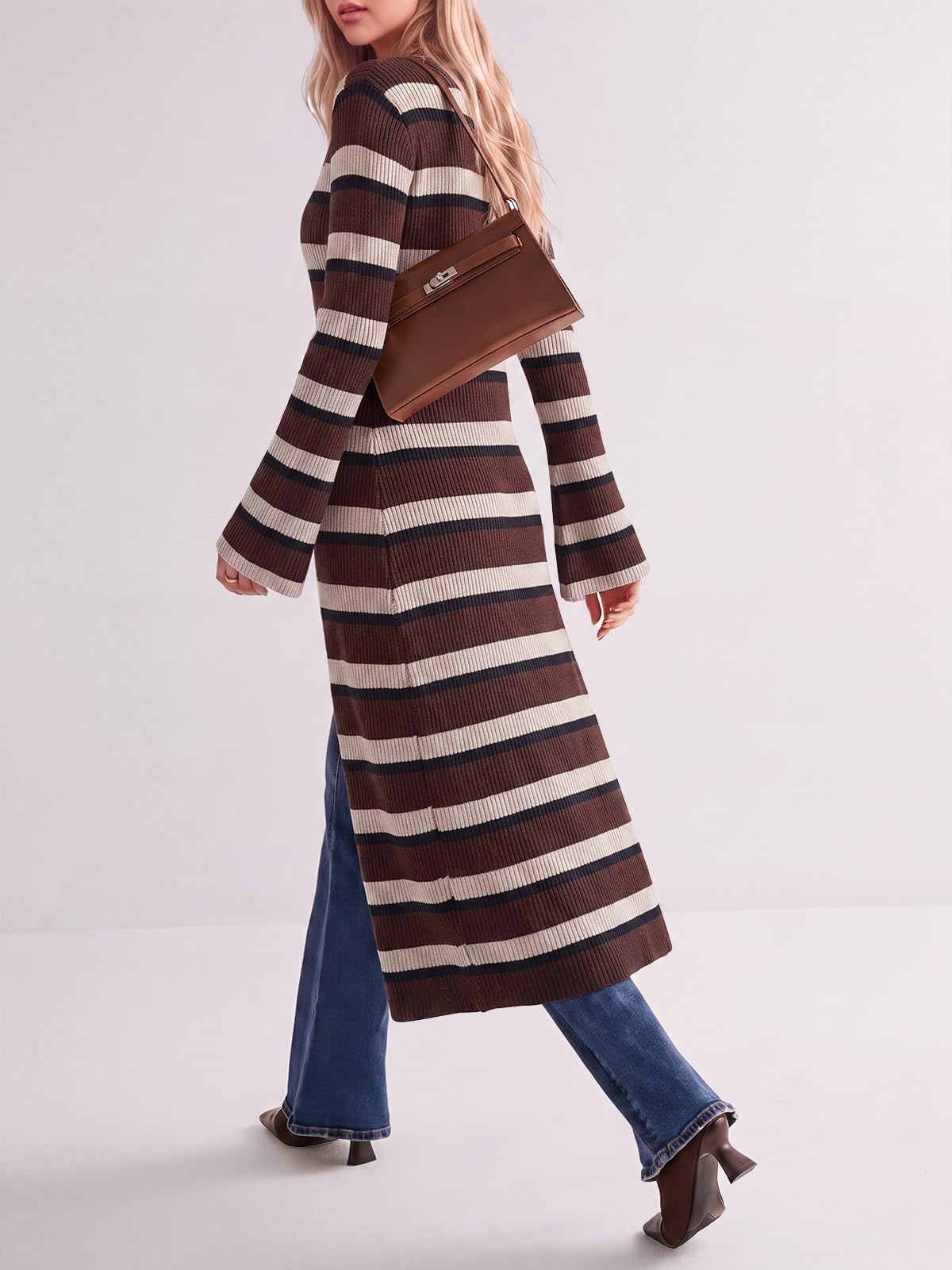 Women's V Neck Bell Sleeve Maxi Knit Cardigan