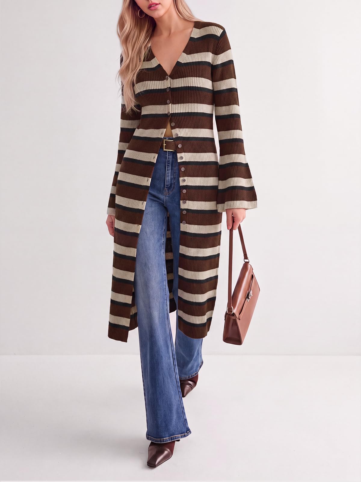 Women's V Neck Bell Sleeve Maxi Knit Cardigan