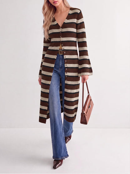 Women's V Neck Bell Sleeve Maxi Knit Cardigan