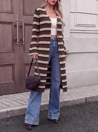 Women's V Neck Bell Sleeve Maxi Knit Cardigan