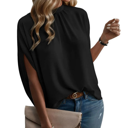 Women's Mock Neck Batwing Sleeve Blouse Loose Fit Tie Back Summer Tunic Tops