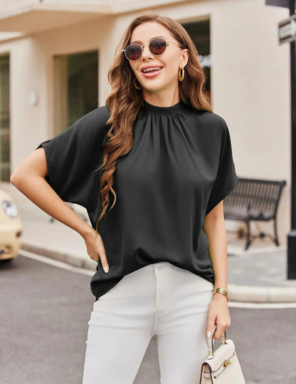 ⏰Hot Sale-Womens Mock Neck Batwing Sleeve Tops Loose Fit Tie Back Tunic Tops