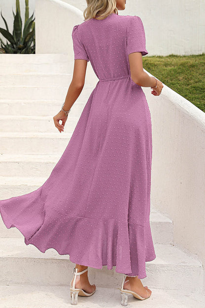 ⏰Hot Sale-Women's V Neck Cap Sleeve Swiss Dot Boho Flowy Ruffle Slit Long Maxi Dresses