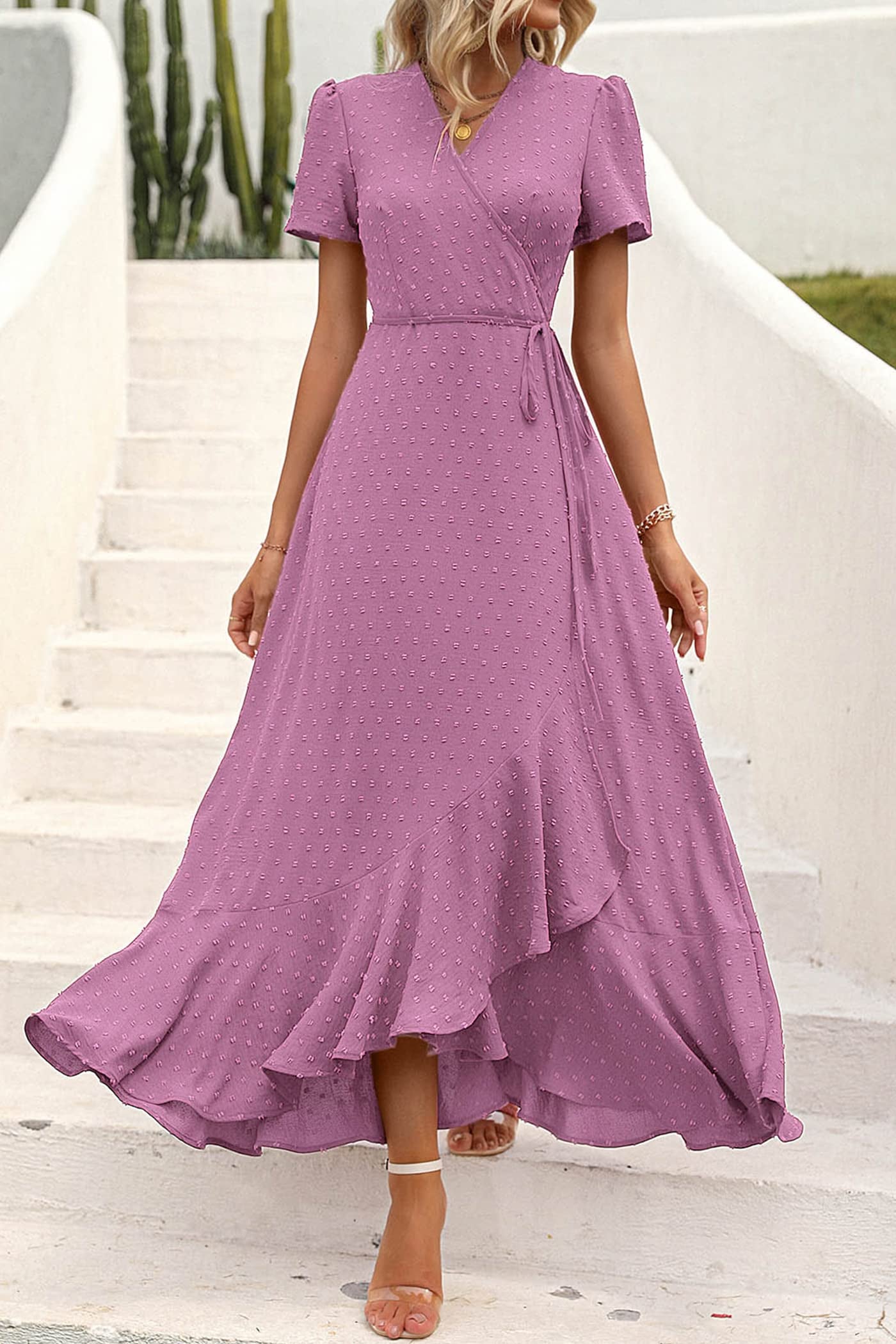 ⏰Hot Sale-Women's V Neck Cap Sleeve Swiss Dot Boho Flowy Ruffle Slit Long Maxi Dresses