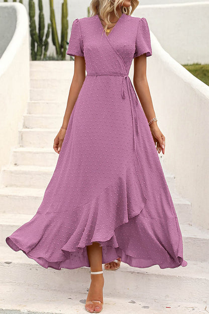 ⏰Hot Sale-Women's V Neck Cap Sleeve Swiss Dot Boho Flowy Ruffle Slit Long Maxi Dresses
