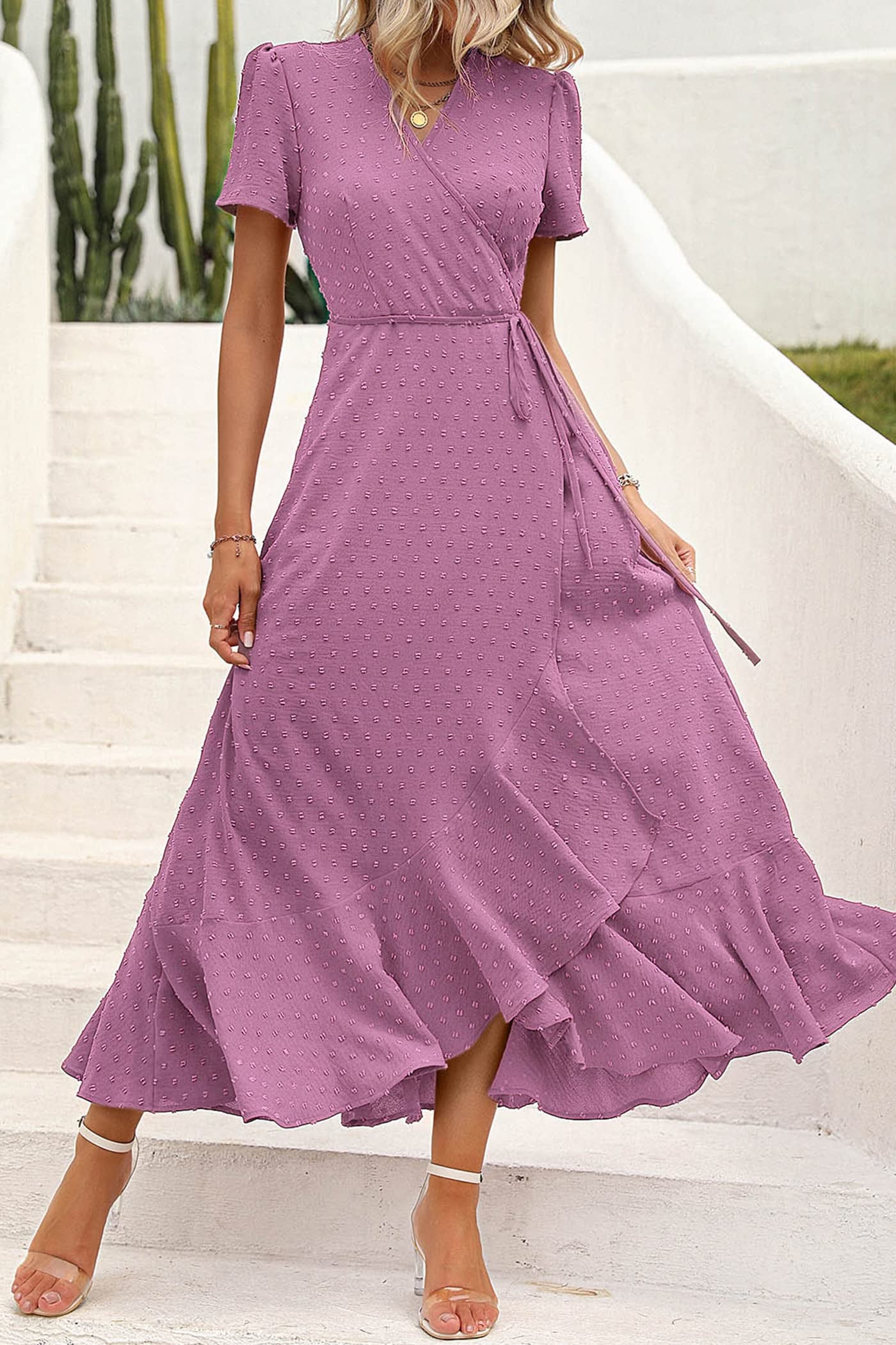 ⏰Hot Sale-Women's V Neck Cap Sleeve Swiss Dot Boho Flowy Ruffle Slit Long Maxi Dresses