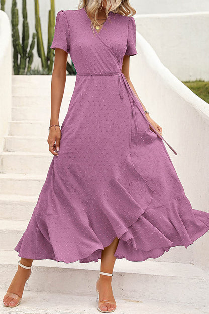 ⏰Hot Sale-Women's V Neck Cap Sleeve Swiss Dot Boho Flowy Ruffle Slit Long Maxi Dresses