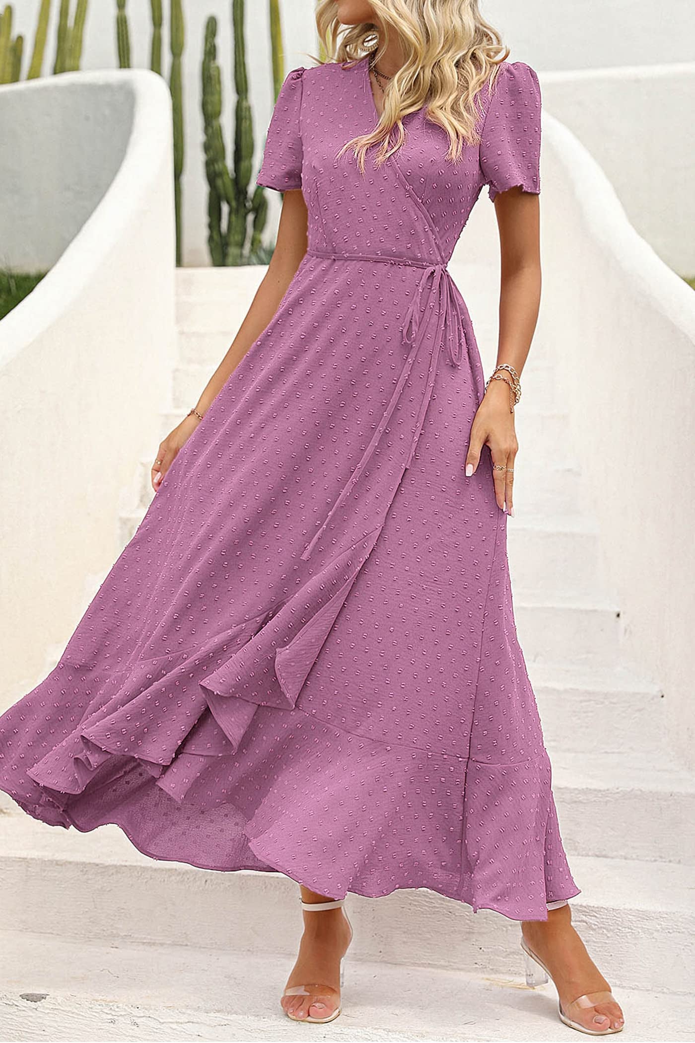 ⏰Hot Sale-Women's V Neck Cap Sleeve Swiss Dot Boho Flowy Ruffle Slit Long Maxi Dresses