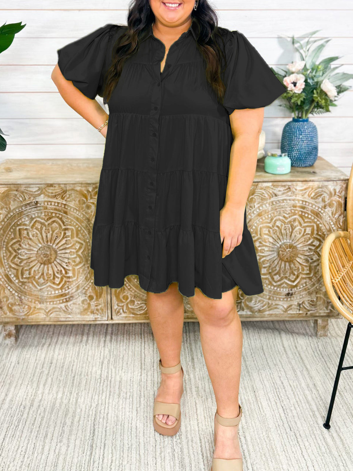 Hot Sale Women's Puff Sleeve Button-Down Tiered Babydoll Dress(Buy 2 Free Shipping)