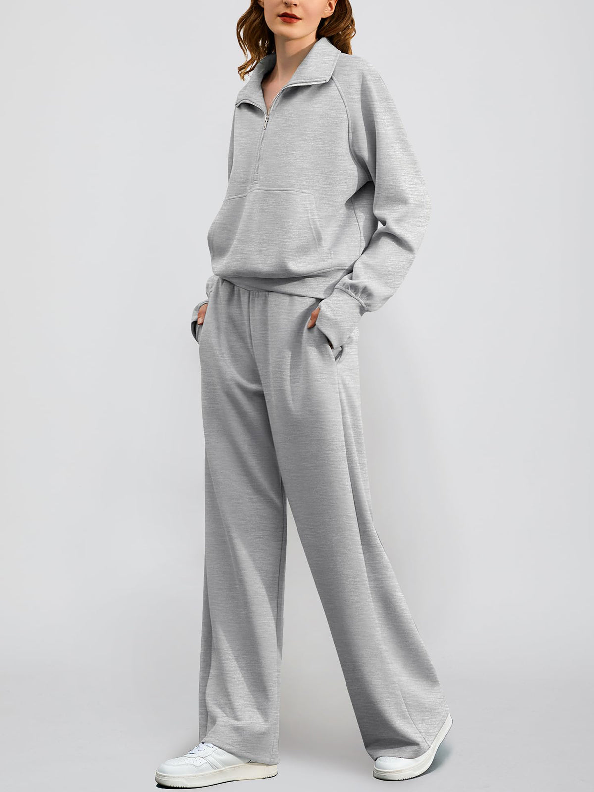 Women's Oversized Half Zip Wide Leg 2 Piece Outfits Lounge Set