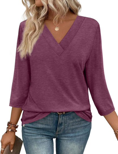 ✨Women's Trendy V Neck 3/4 Long Sleeve Tops Loose Fit Blouse