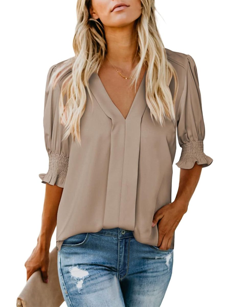 ✨Women's V Neck Dressy Puff Ruffle Blouse Casua Short Sleeve Tops
