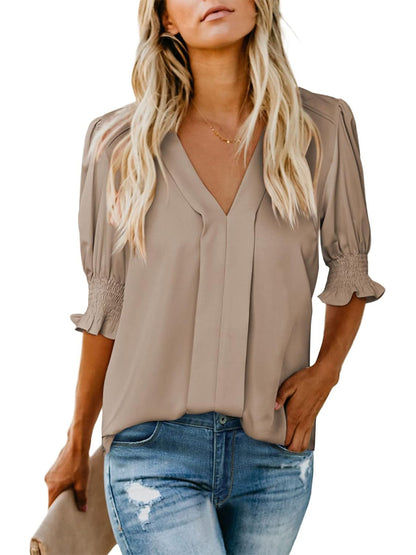 ✨Women's V Neck Dressy Puff Ruffle Blouse Casua Short Sleeve Tops