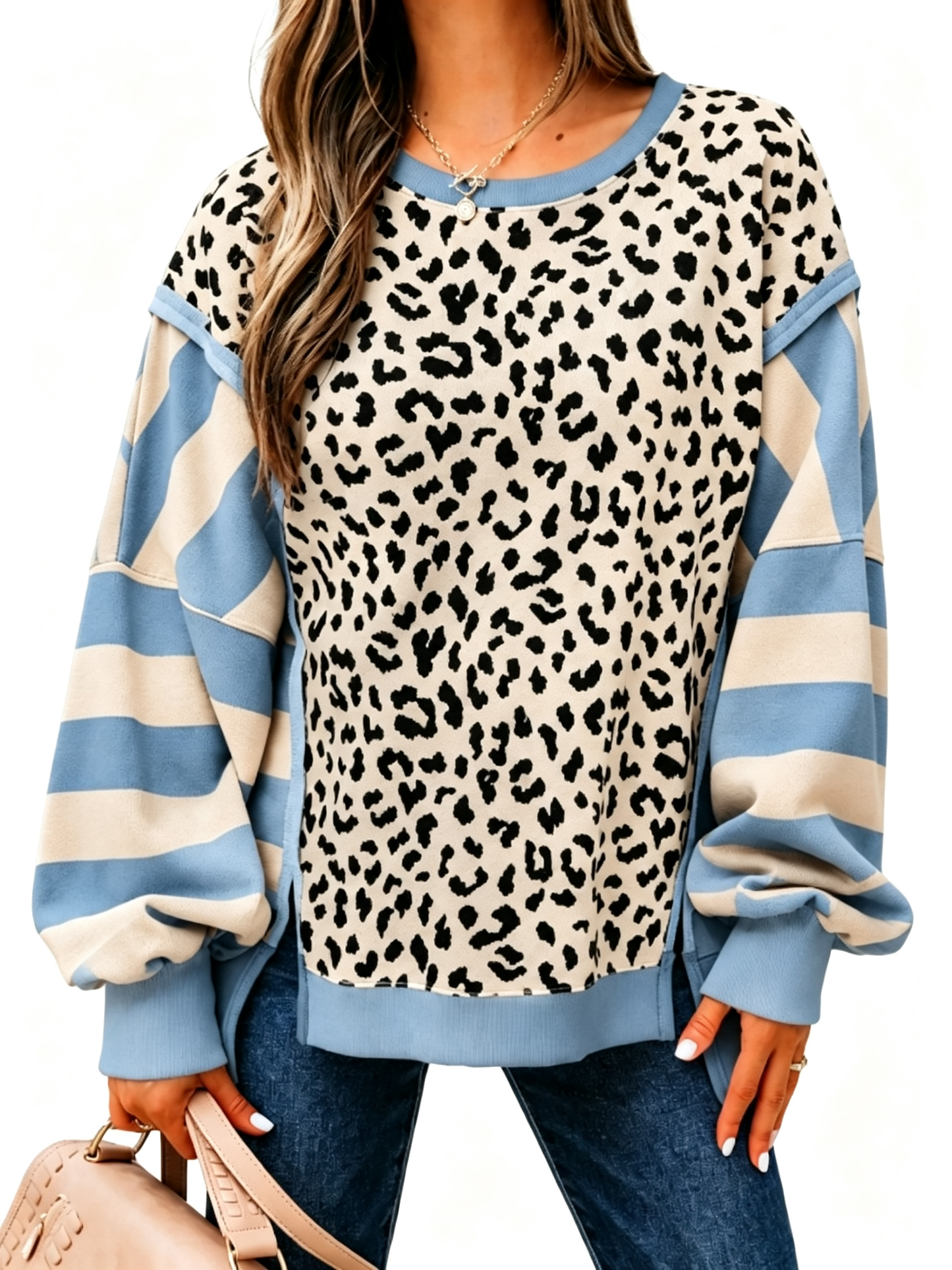 🐆Leopard Stripe Colorblock Crewneck Sweatshirt , Oversized Drop Shoulder Top