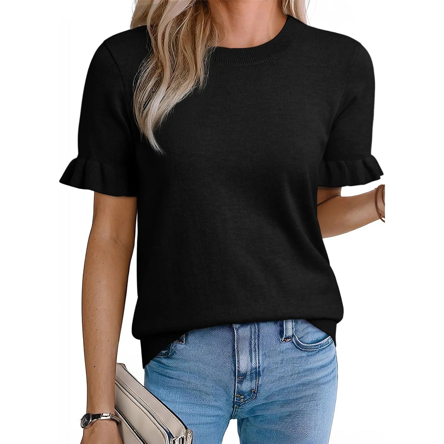 Women's Crew Neck Ruffle Short Sleeve Knit Top