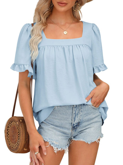 Women's Sqaure Neck Ruffle Sleeve Blouses Peplum Tops