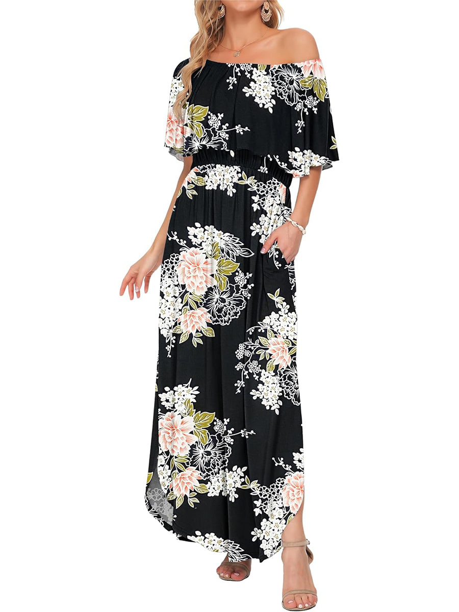 Limited time sale🔥Women's Off-Shoulder Floral Maxi Dress with Pockets & Side Slit