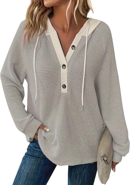 Women's Waffle Knit Drawstring Button Long Sleeve Hoodie