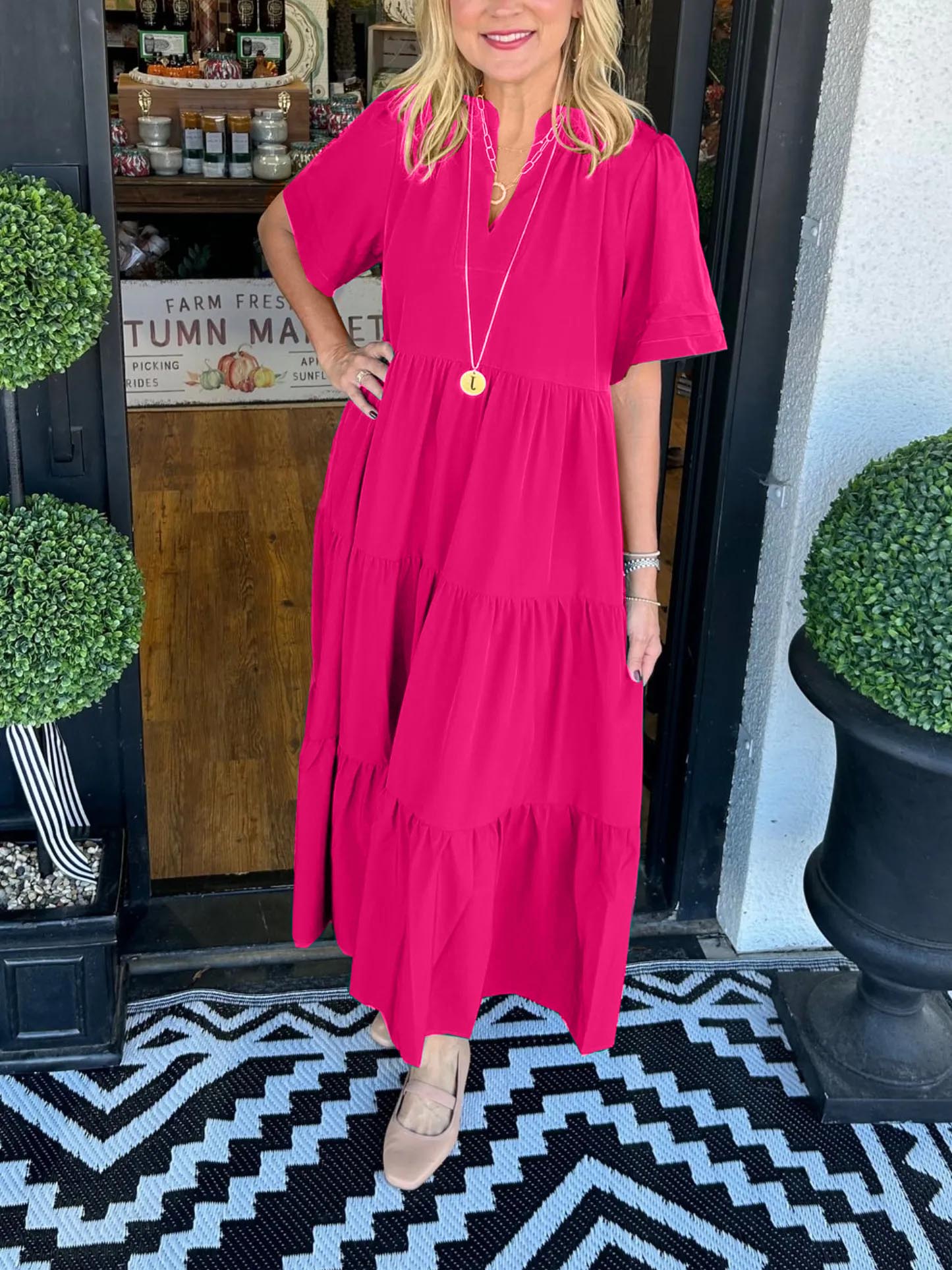 V-Neck Tiered Midi Dress with Pockets