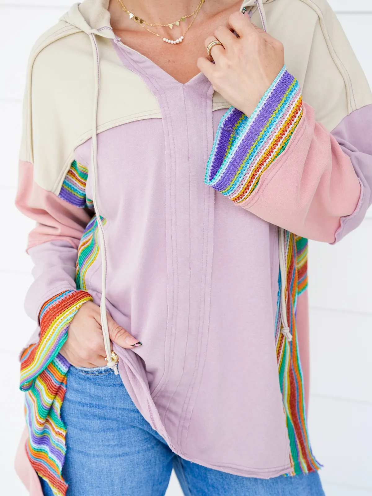 Hot Sale Colorblock Long Sleeve Top with Rainbow Crochet Details