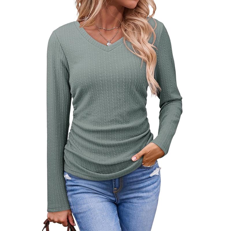 ✨Women's V-Neck Pleated Basic Tunic Long Sleeve Top