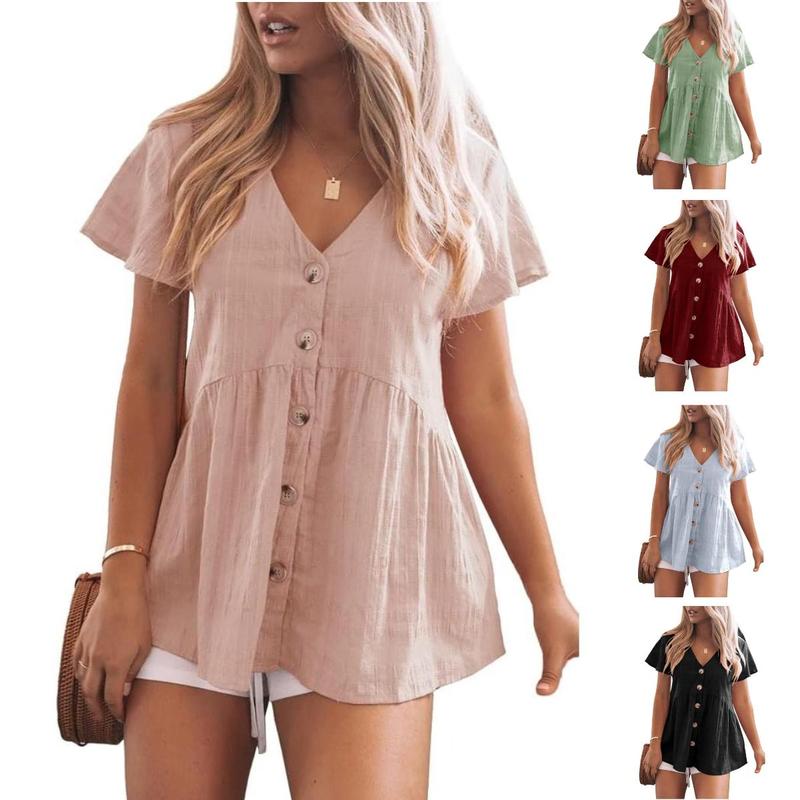 Women's Short Sleeve V Neck Blouse Button Down Shirt Loose Casual Ruffle Hem Babydoll Peplum Top