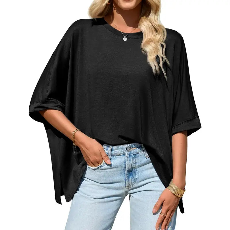 Women Batwing Sleeve Oversized Tee, Asymmetric Hem Casual Top