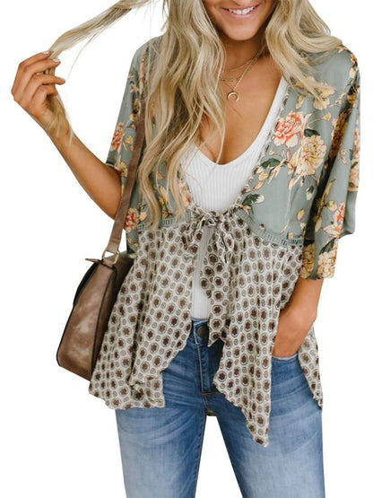 ⏰Hot Sale-Women's Floral Kimono Ruffle Sleeve Tie Cardigans Flowy Boho Loose Cover Ups
