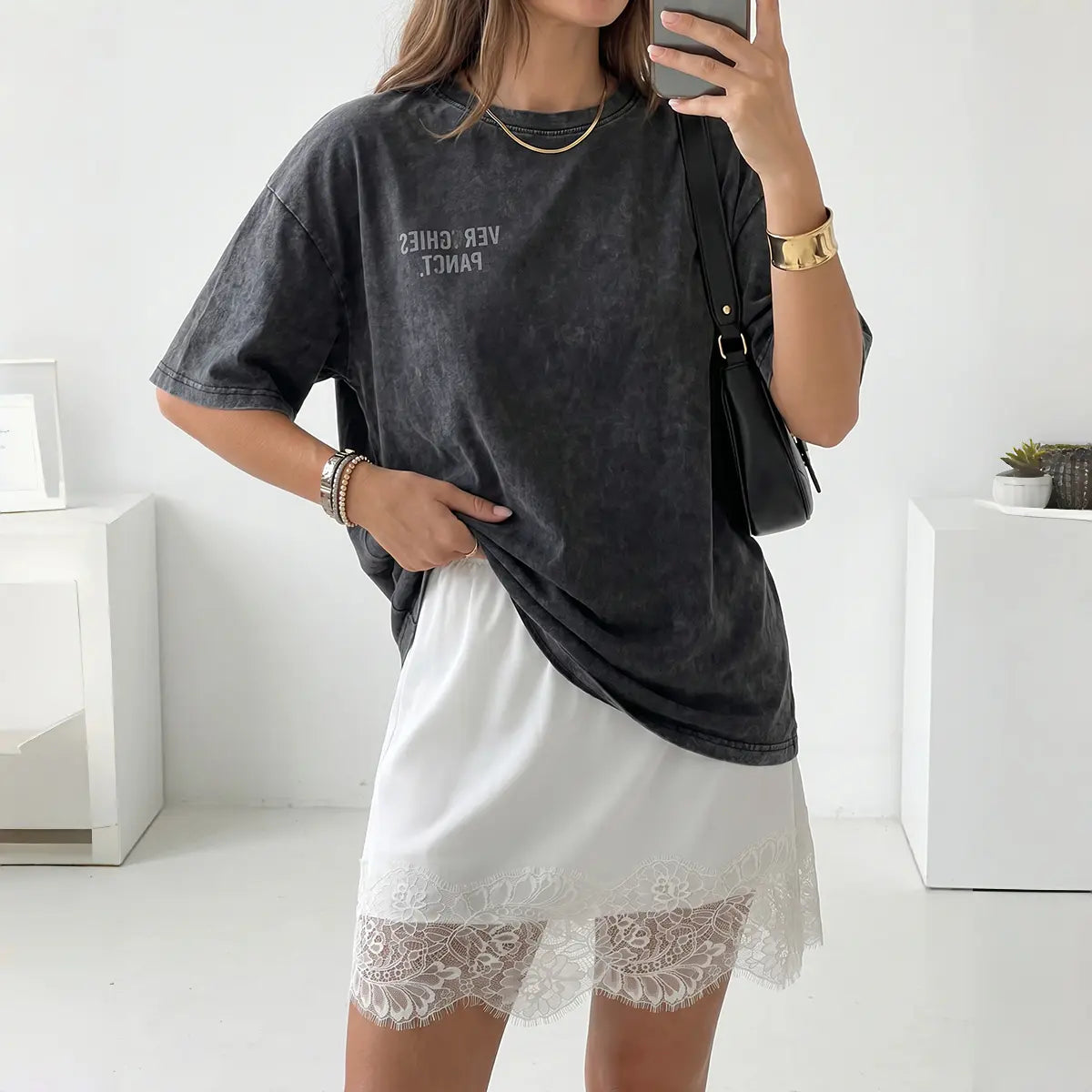 High Elastic Waist Silky Satin Floral Lace Hem Short Half Slip Skirt