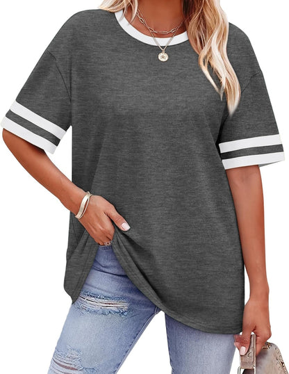 ✨ Women's Oversized Crew Neck Colorblock Striped Sleeve T-shirt