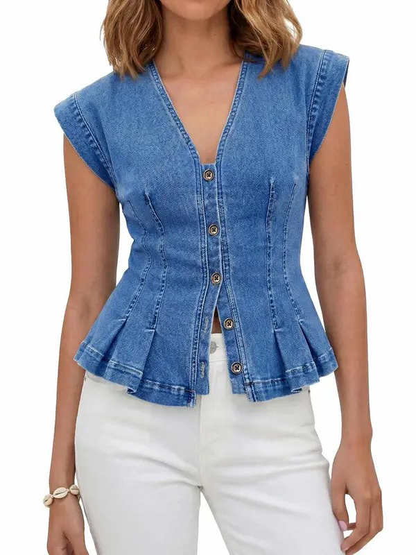 Women's Y2K V-Neck Pleated Denim Sleeveless Vest