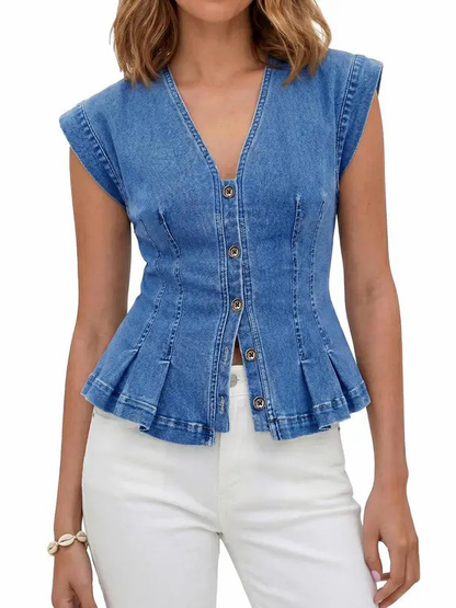 Women's Y2K V-Neck Pleated Denim Sleeveless Vest