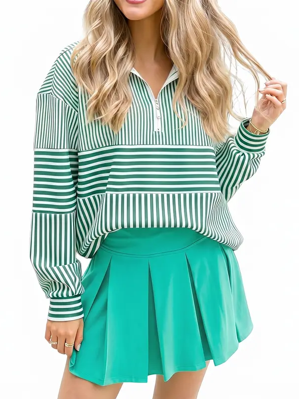 Quarter Zip Colorblock Striped Oversized Top