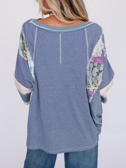 ✨Women's Casual Striped Floral Print Patchwork Oversized 3/4 Sleeve Top