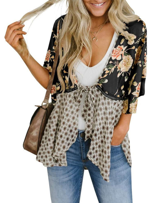 ⏰Hot Sale-Women's Floral Kimono Ruffle Sleeve Tie Cardigans Flowy Boho Loose Cover Ups