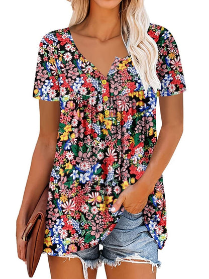 ✨Women's Printed Botton Down Pleated Short Sleeve Shirts Tunic Tops
