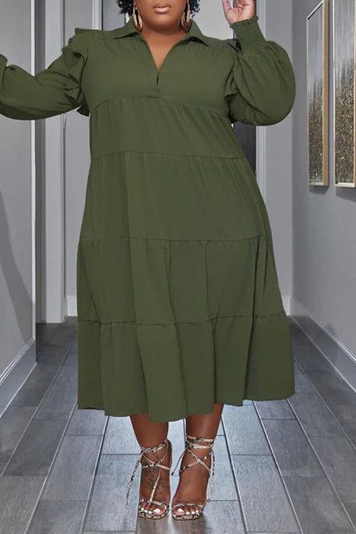 2025 Flounced Sleeve Plus Size Turndown Collar Dress