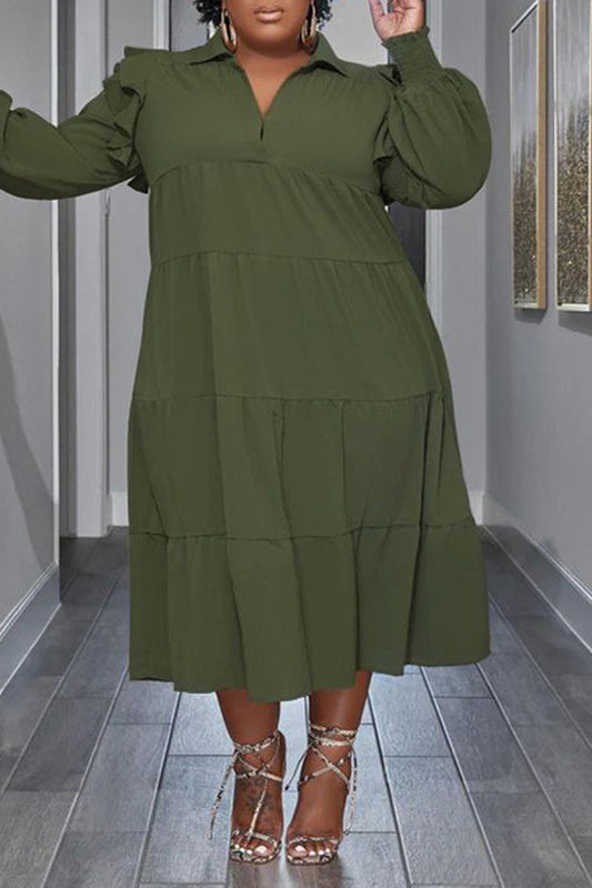 2025 Flounced Sleeve Plus Size Turndown Collar Dress